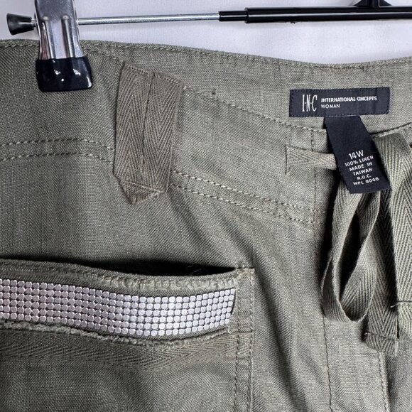 100% Linen INC Women's‎ 14W Cargo Lightweight Pants Olive Green Silver Accents - Picture 2 of 7